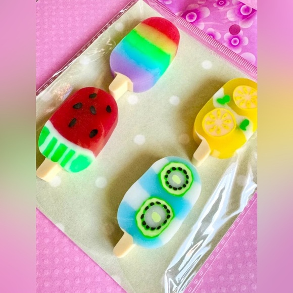 New Spring Summer Fun Lemon Watermelon Kiwi Fruit Popsicle Erasers Set of 4 - Picture 2 of 5